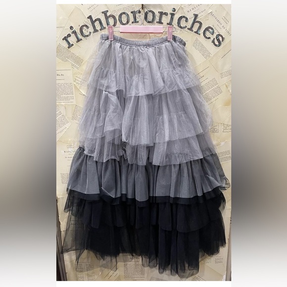 Free People Tulle Much Half Maxi Skirt Tiered Ruffle Ombre Black Gray Combo - Picture 5 of 5